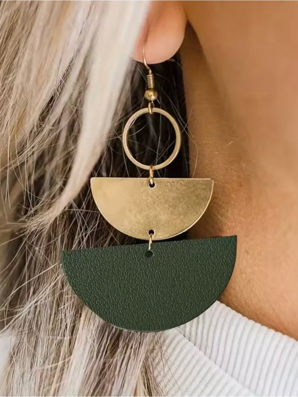 Gold and Olive Green Half-Moon Drop Earrings